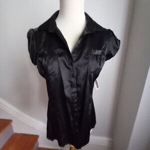 DEMANDING BY SAY WHAT BLACK SATIN PUFF LEEVE BLOUSE TOP NWT M